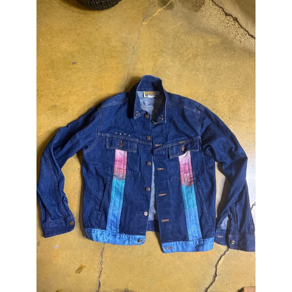 Vtg Branders Dickies Denim Jacket Size 42 Hot Air Balloon Stars Embellished Rare